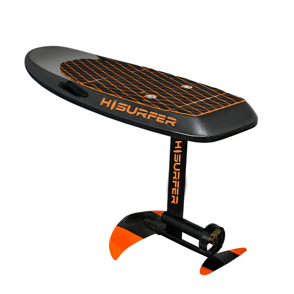 HISURFER eFoil Carbon — czarno-pomarańczowy carbonowy hydrofoil eFoil ze skrzydłem i napędem