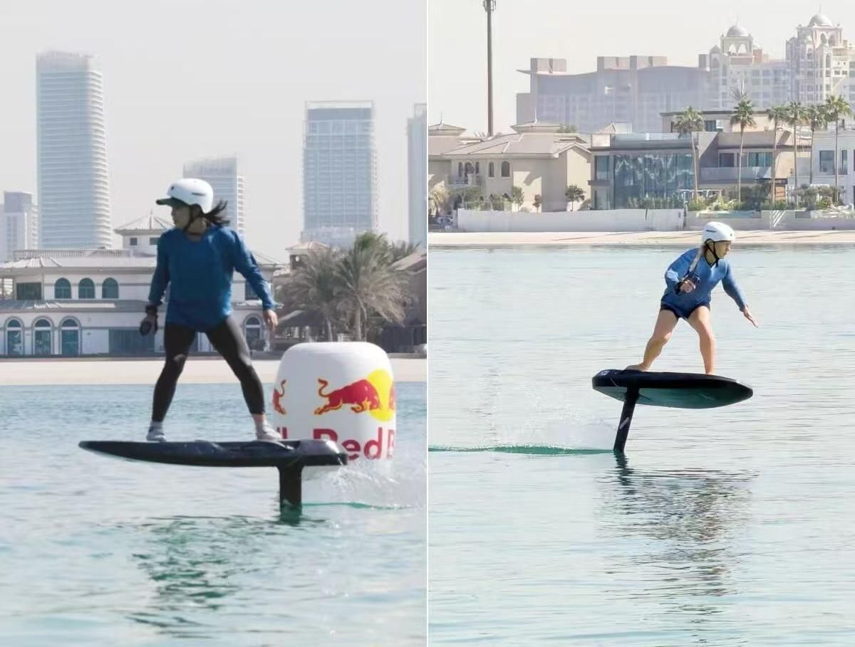 Jazda na eFoil hydrofoilu — zawodniczka unosi się nad wodą w Dubaju podczas zawodów Red Bull